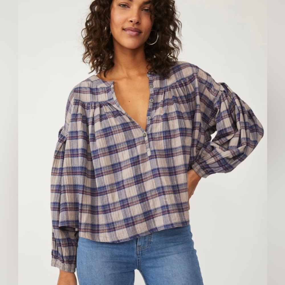 FREE PEOPLE Jessi Plaid Shirt NWT Size Small Grey Combo